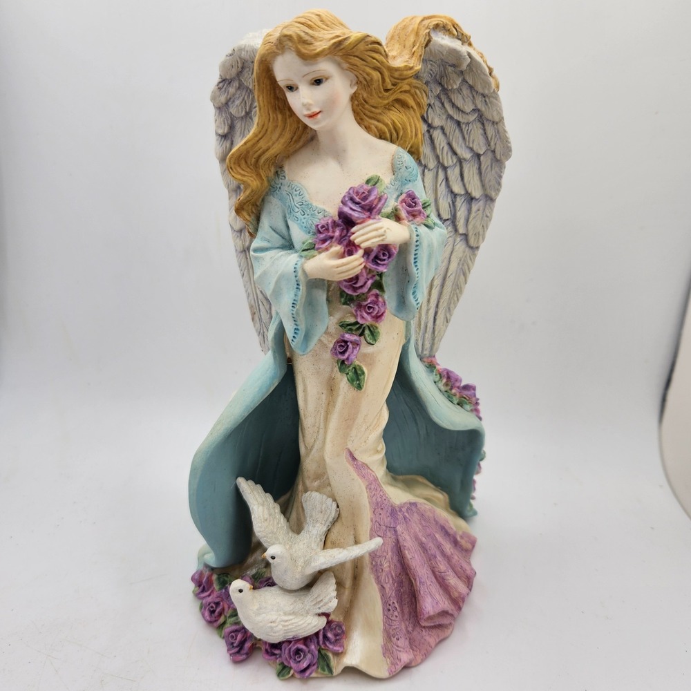 VTG Angel Figurine Taper Candle Holder Purple Roses Doves Wings Religious Decor